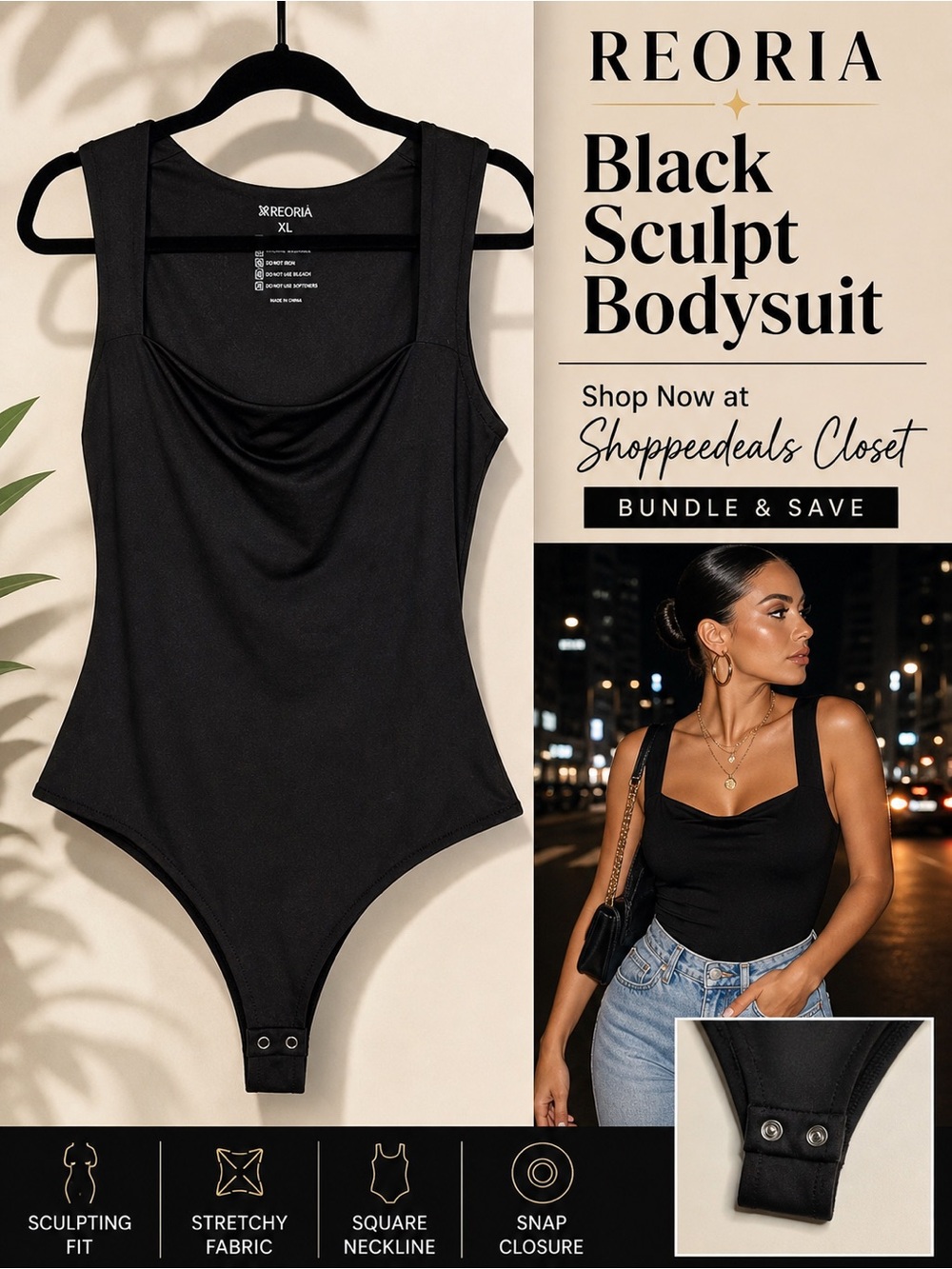 REORIA Black Sculpting Bodysuit XL Sleeveless Square Neck Snap Bottom